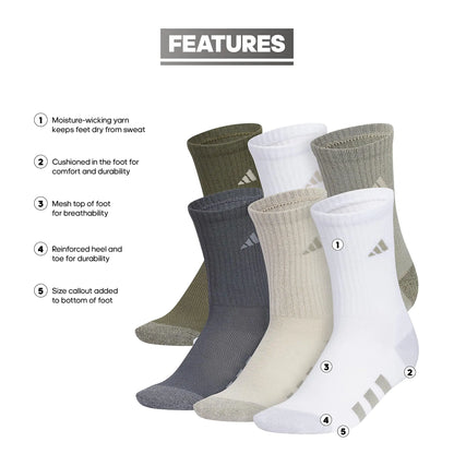 Adidas Boys Athletic Cushioned Crew Socks | 6-Pairs| For Kids, Boys and Girls | Durable, breathable fabric ready for Sport | Medium | Silver Pebble Grey/Putty Grey/White - # BOAA13810003 & BOAA12810004 & BOAA11810001