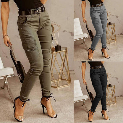 Ankle-length Low-rise Solid-color Cargo Pants With Pockets These Are Slim-fit Leggings