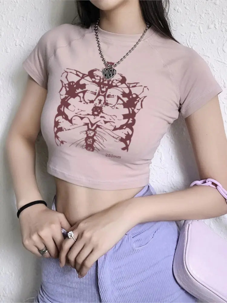 Aesthetic Skull Girl T-Shirt - Y2K Black Vintage Style - # GIAA23510024