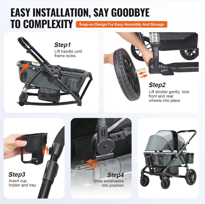 All-Terrain Stroller Wagon, 2 Seats Foldable | Expedition 2-in-1 Collapsible Wagon Stroller, Includes Canopy, Parent Organizer, Snack Tray Cup Holders | 55lbs For Single Seat | Dark Grey Black - # BAGEG11010009