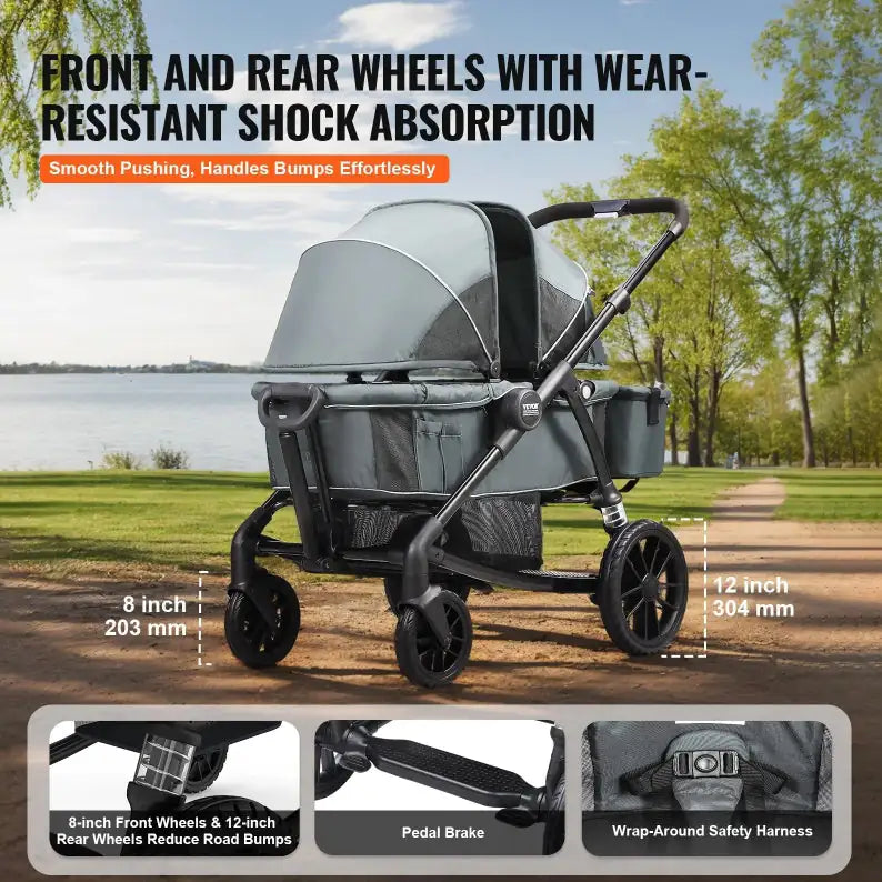 All-Terrain Stroller Wagon, 2 Seats Foldable | Expedition 2-in-1 Collapsible Wagon Stroller, Includes Canopy, Parent Organizer, Snack Tray Cup Holders | 55lbs For Single Seat | Dark Grey Black - # BAGEG11010009