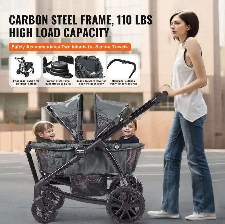 All-Terrain Stroller Wagon, 2 Seats Foldable | Expedition 2-in-1 Collapsible Wagon Stroller, Includes Canopy, Parent Organizer, Snack Tray Cup Holders | 55lbs For Single Seat | Dark Grey Black - # BAGEG11010009