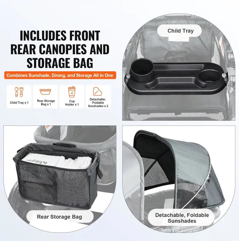 All-Terrain Stroller Wagon, 2 Seats Foldable | Expedition 2-in-1 Collapsible Wagon Stroller, Includes Canopy, Parent Organizer, Snack Tray Cup Holders | 55lbs For Single Seat | Dark Grey Black - # BAGEG11010009