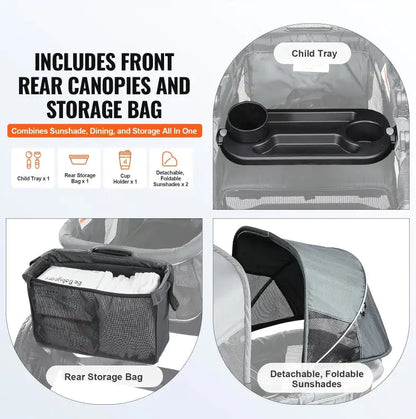 All-Terrain Stroller Wagon, 2 Seats Foldable | Expedition 2-in-1 Collapsible Wagon Stroller, Includes Canopy, Parent Organizer, Snack Tray Cup Holders | 55lbs For Single Seat | Dark Grey Black - # BAGEG11010009