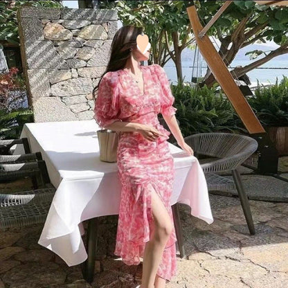 Stylish, Sophisticated, High-end Asymmetrical Chiffon Floral Dress