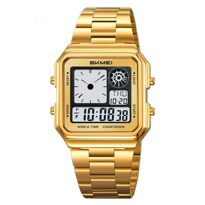 Square Steel-band Golden Waterproof Alarm Clock With A Luminous Digital Display