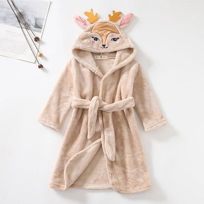 Girls Cartoon Hooded Flannel Lace-up Bathrobe