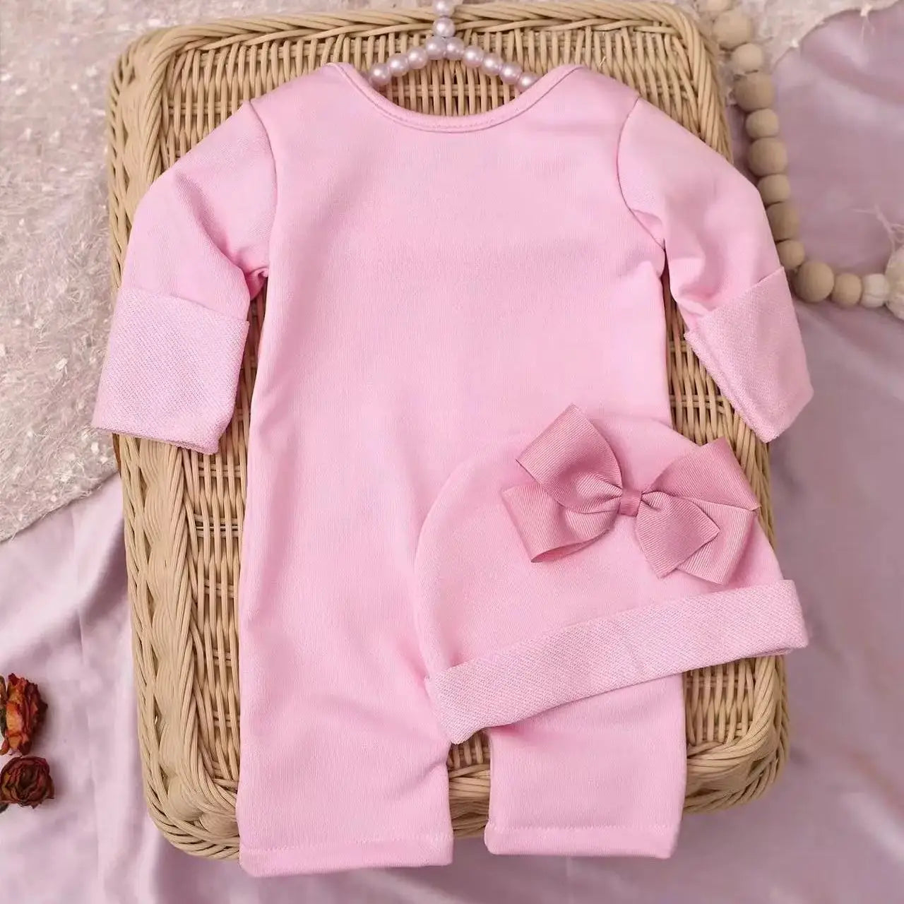 Ylsteed 2Pcs Newborn Photography Long Tleeves Romper Jumpsuit With Bow Hat Embroidery Baby Clothes Photography Props-HD