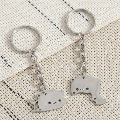 2Pcs Cute Dudu Bubu Hug Cat Couple Keychain Set, Stainless Steel Double Cat Charms, Round Key Ring & Heart Lobster Clasp, Sweet Matching Pair Gift For Lovers