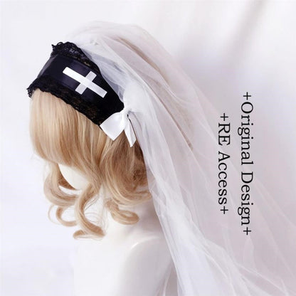 Nun Headdress Retro Hair Band Church Cross Embroidery Light Diamond Shawl Veil