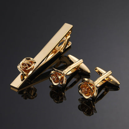 Gold And Silver Black Crystal Rose Enamel Pattern Batch Flower Tie Clip Cuff Buckle Set