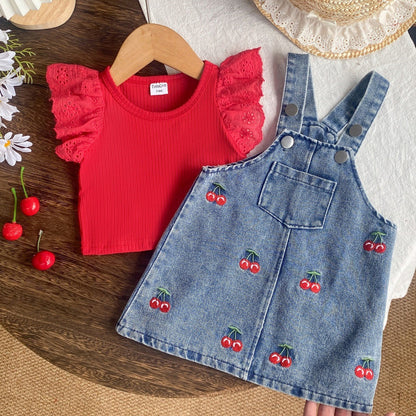 Baby Girl T-Shirt Denim Embroidered Suspender Dress Set