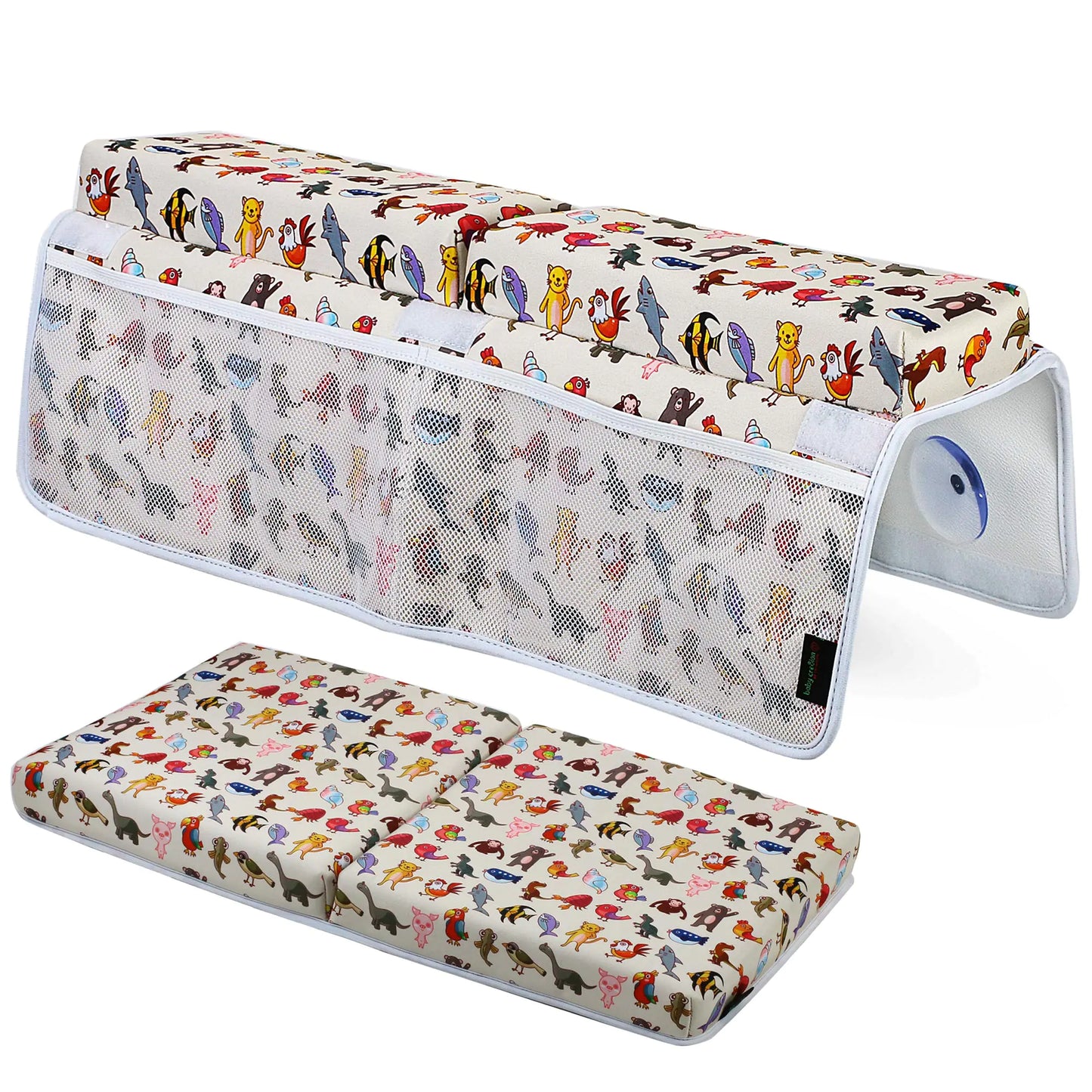 baby cre8ion | Baby Bath Kneeler and Elbow Rest Pad | Set. 1.75 in Thick Bathtub Kneeler Pad and Bath Tub Elbow Rest | ‘Animal/Aqua’ Bath Mat Kneeling Pad and Elbow Pad with XL Pockets for Baby Bath Stuff - # BAGE11110010