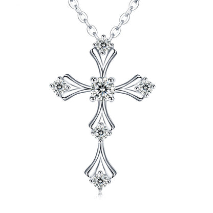 S925 Sterling Silver Moissanite Cross Necklace, 3.5mm D-VVS1 Pendant, Platinum Plated 40&45cm Chain, 1.7g GRA Certificate Gift Box
