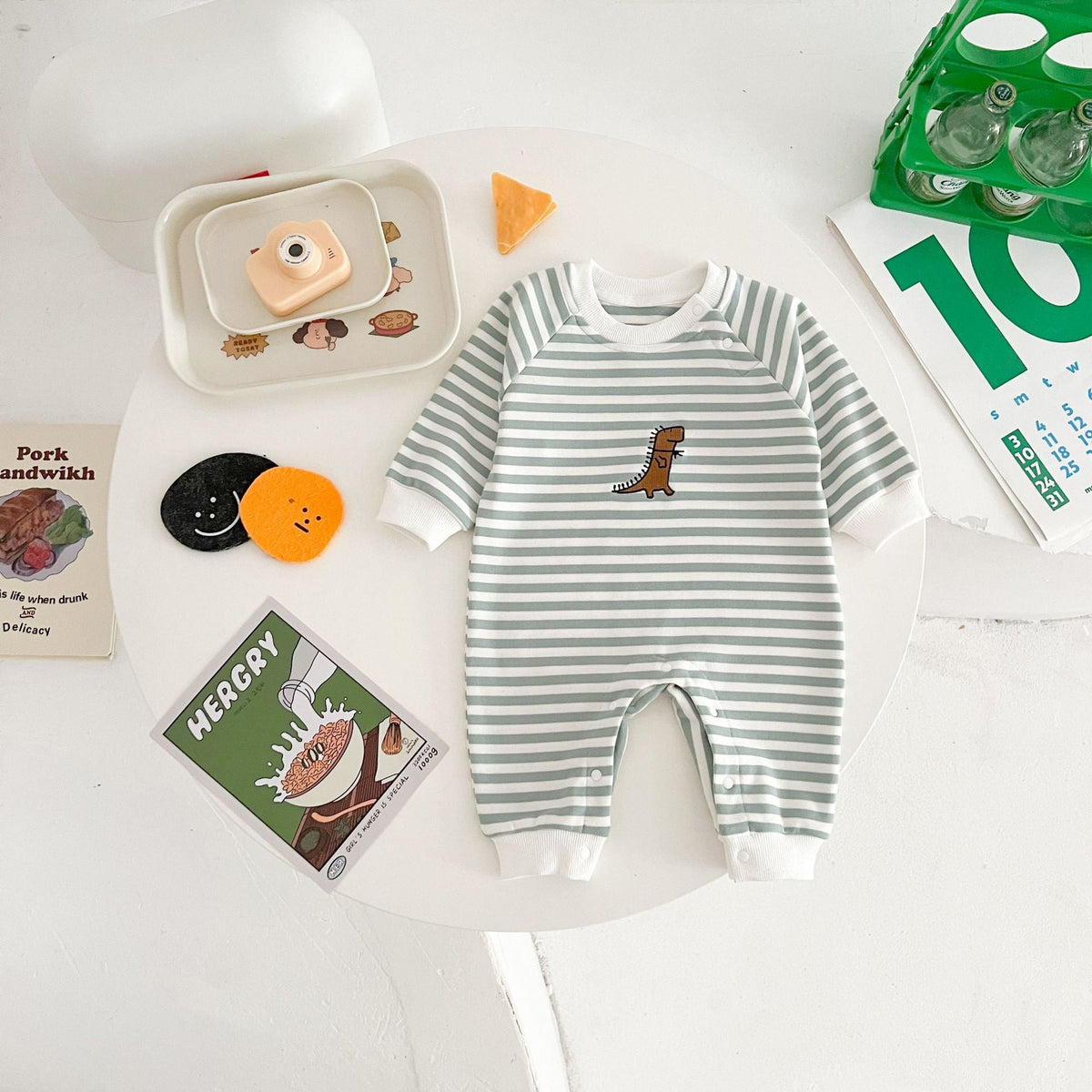 Springautumn New Arrival Striped Dinosaur-embroidered Baby Romper For 0 2 year olds