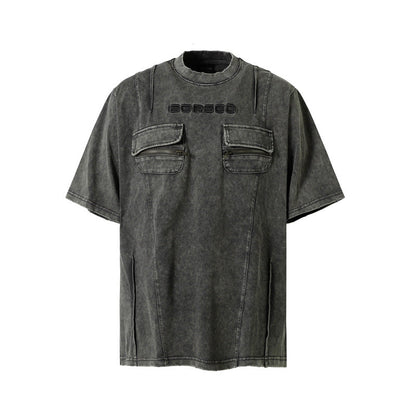 High Street Retro Workwear Zipper Pocket Decoration Washed Distressed Short Sleeve