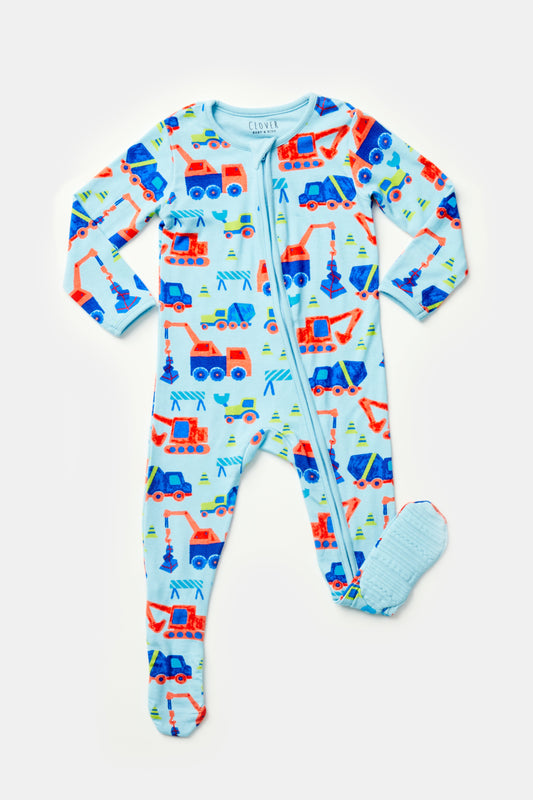 Soft & Stretchy Zipper Footie - Construction Blue