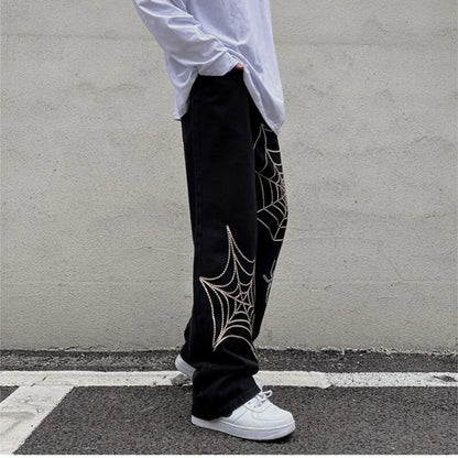 Boys and Men's Black Streetwear Spider Web Pants - # BOAA13410013