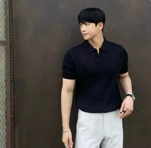 Boys/Men's Slim Fit Striped Polo – Korean Style Short Sleeve Knit - # BOAA13510025