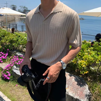 Boys/Men's Slim Fit Striped Polo – Korean Style Short Sleeve Knit - # BOAA13510025