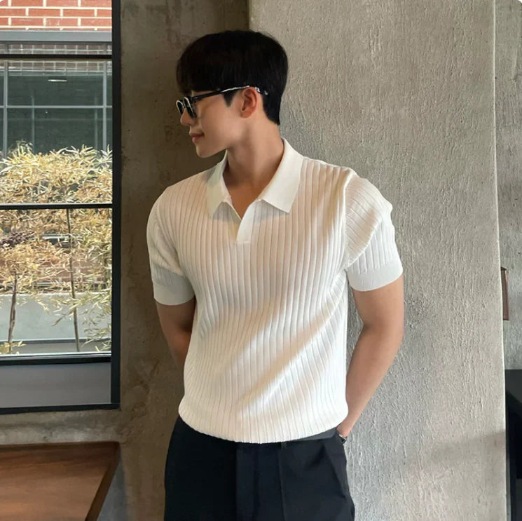 Boys/Men's Slim Fit Striped Polo – Korean Style Short Sleeve Knit - # BOAA13510025