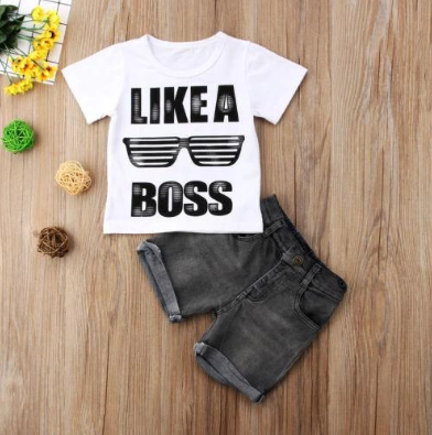 Boys' Short Sleeve Letter T-Shirt & Denim Shorts Set - # BAAA51210050 & BOAA11310009