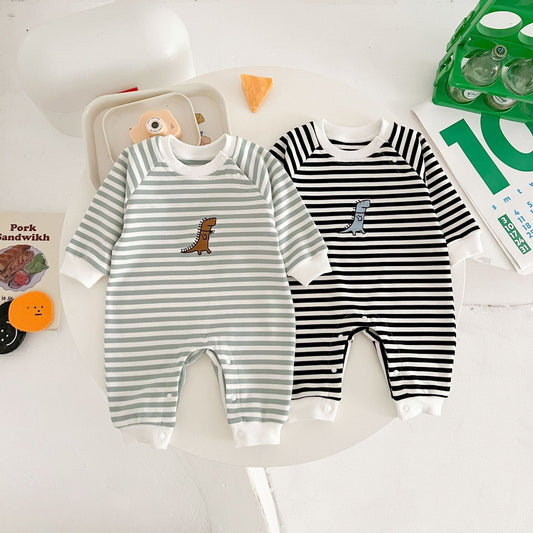 Baby Striped Dinosaur Embroidered Romper