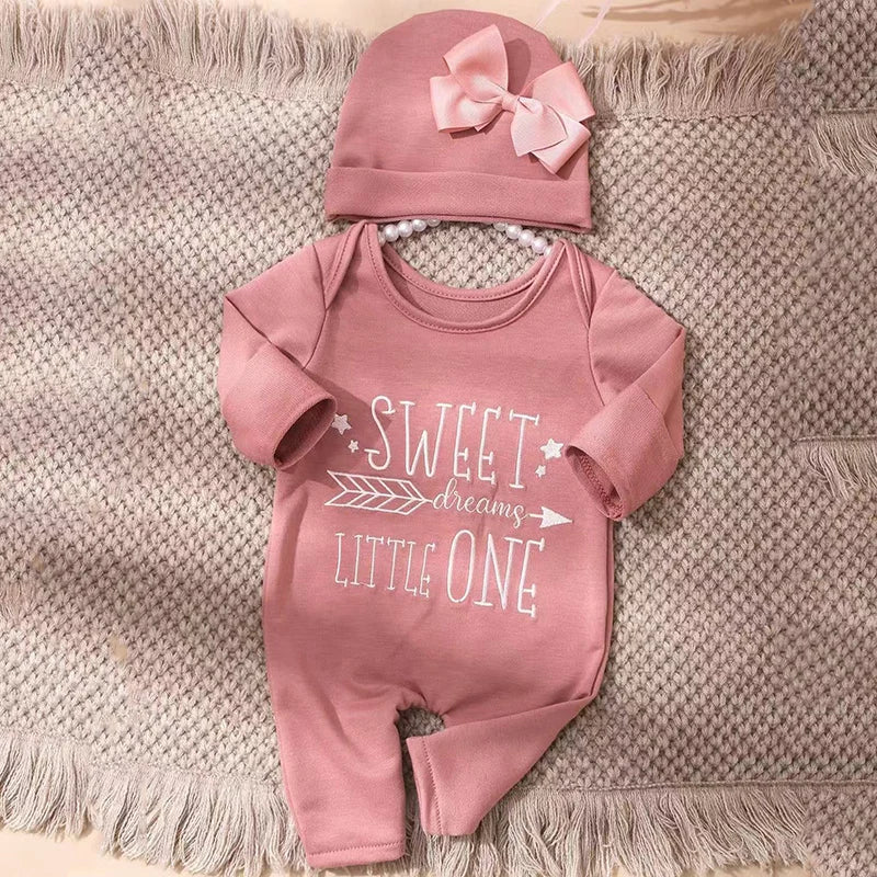 Ylsteed 2Pcs Newborn Photography Long Tleeves Romper Jumpsuit With Bow Hat Embroidery Baby Clothes Photography Props-HD