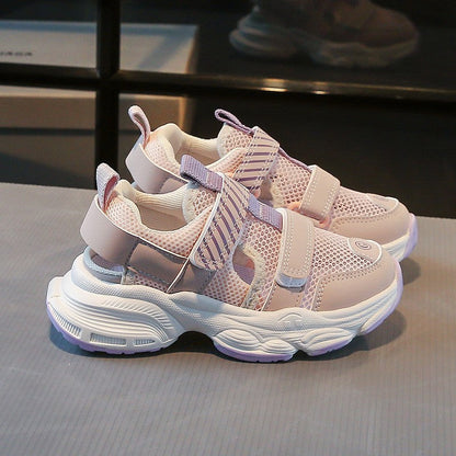 Kids Summer Sandals Sneakers, Breathable Single Mesh Hook & Loop Running Shoes, Ultra Light Non-slip Soft Sole Girls Dad Sneakers