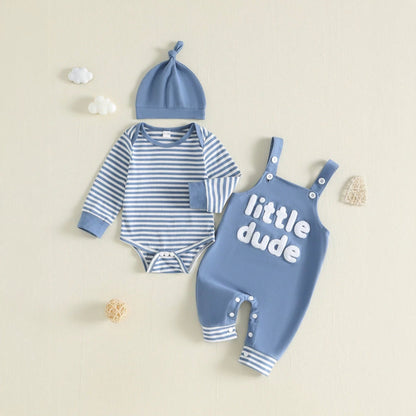 Baby And Toddler Striped Long-sleeve Romper Suspender Pants And Hat Set