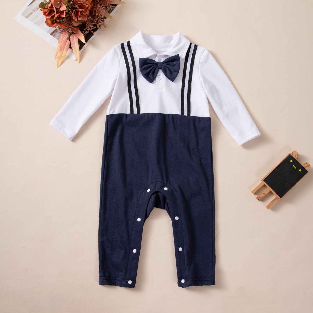Long-sleeve Overalls With Bow Tie Set