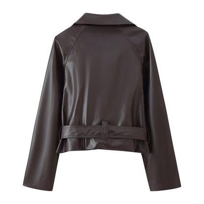 Trendy Wild Two-color Double Breasted Short Lace Up Leather Coat