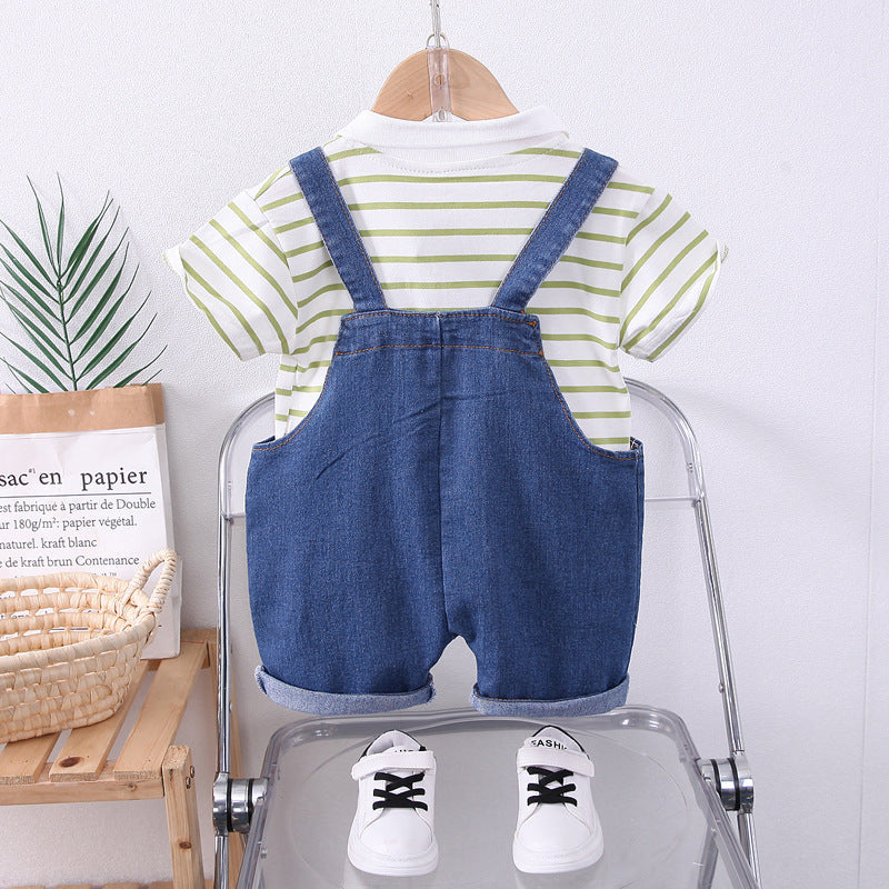 Boys Striped Lapel Denim Dungaree Set 2-Piece