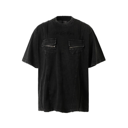 High Street Retro Workwear Zipper Pocket Decoration Washed Distressed Short Sleeve