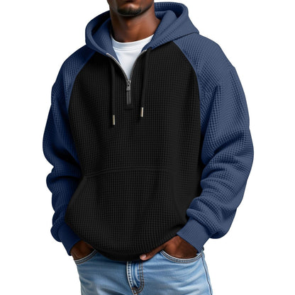 Color-block Waffle-knit Long-sleeve Hooded Jacket