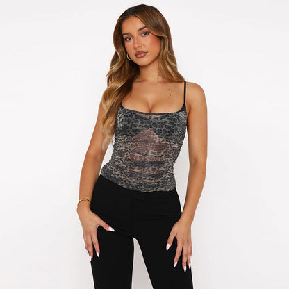 New Sexy Mesh Leopard-Print Fake Two-Piece Camisole Top
