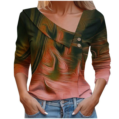 Colorful Printed V-Neck Long Sleeve T-Shirt for Women - # GIAA23510053