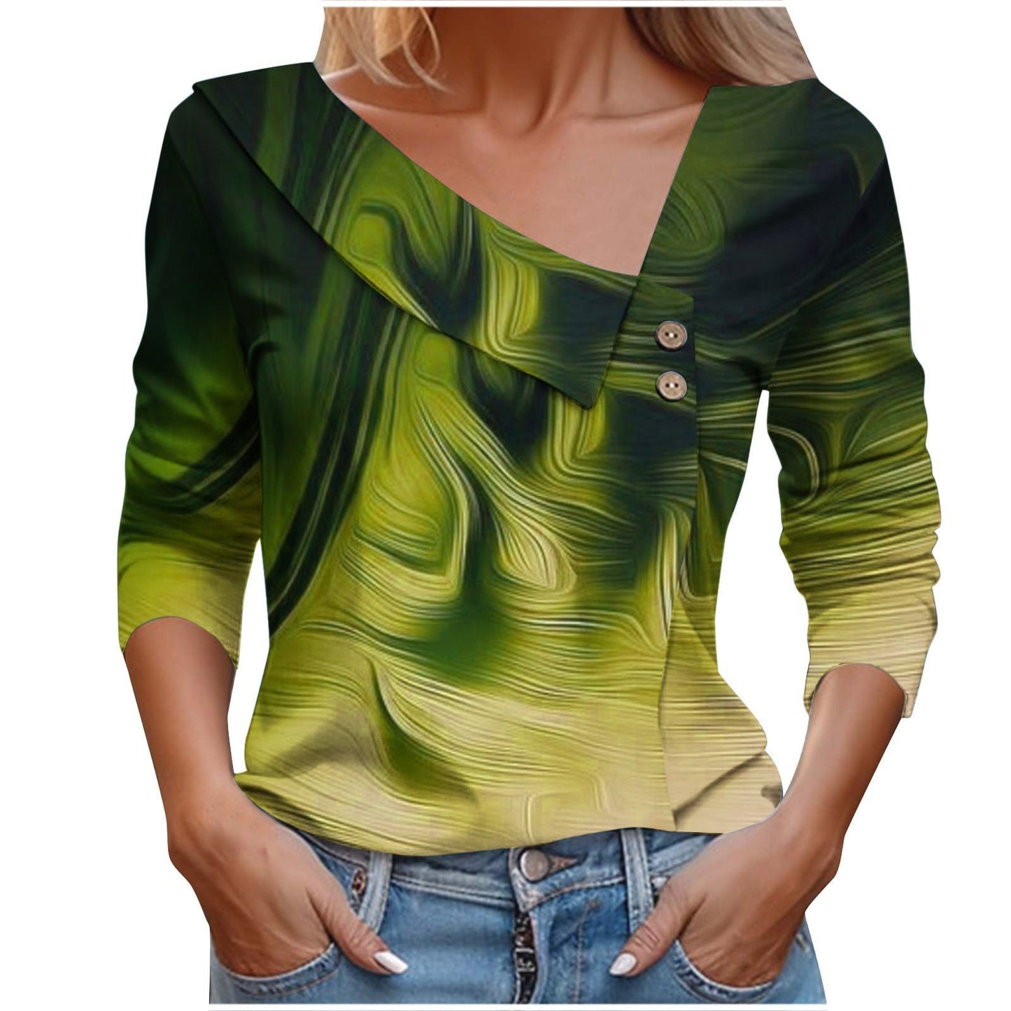 Colorful Printed V-Neck Long Sleeve T-Shirt for Women - # GIAA23510053