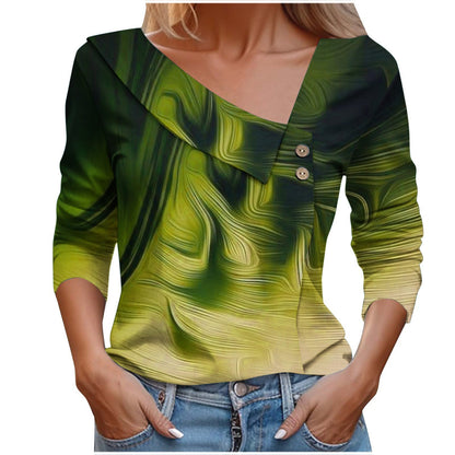 Colorful Printed V-Neck Long Sleeve T-Shirt for Women - # GIAA23510053