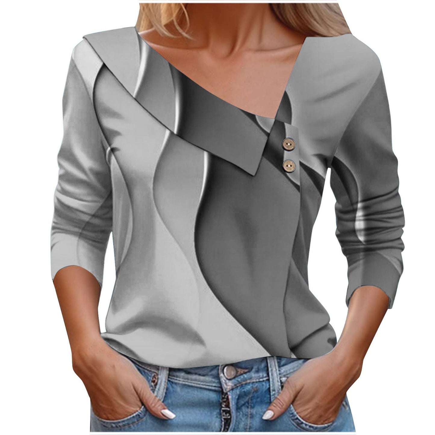 Colorful Printed V-Neck Long Sleeve T-Shirt for Women - # GIAA23510053