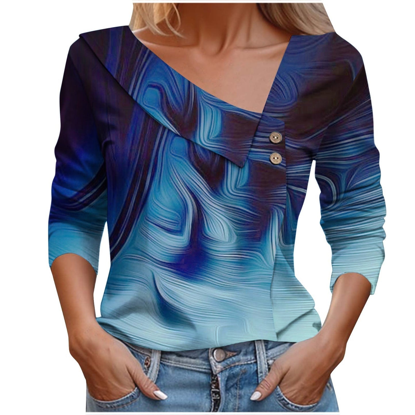 Colorful Printed V-Neck Long Sleeve T-Shirt for Women - # GIAA23510053