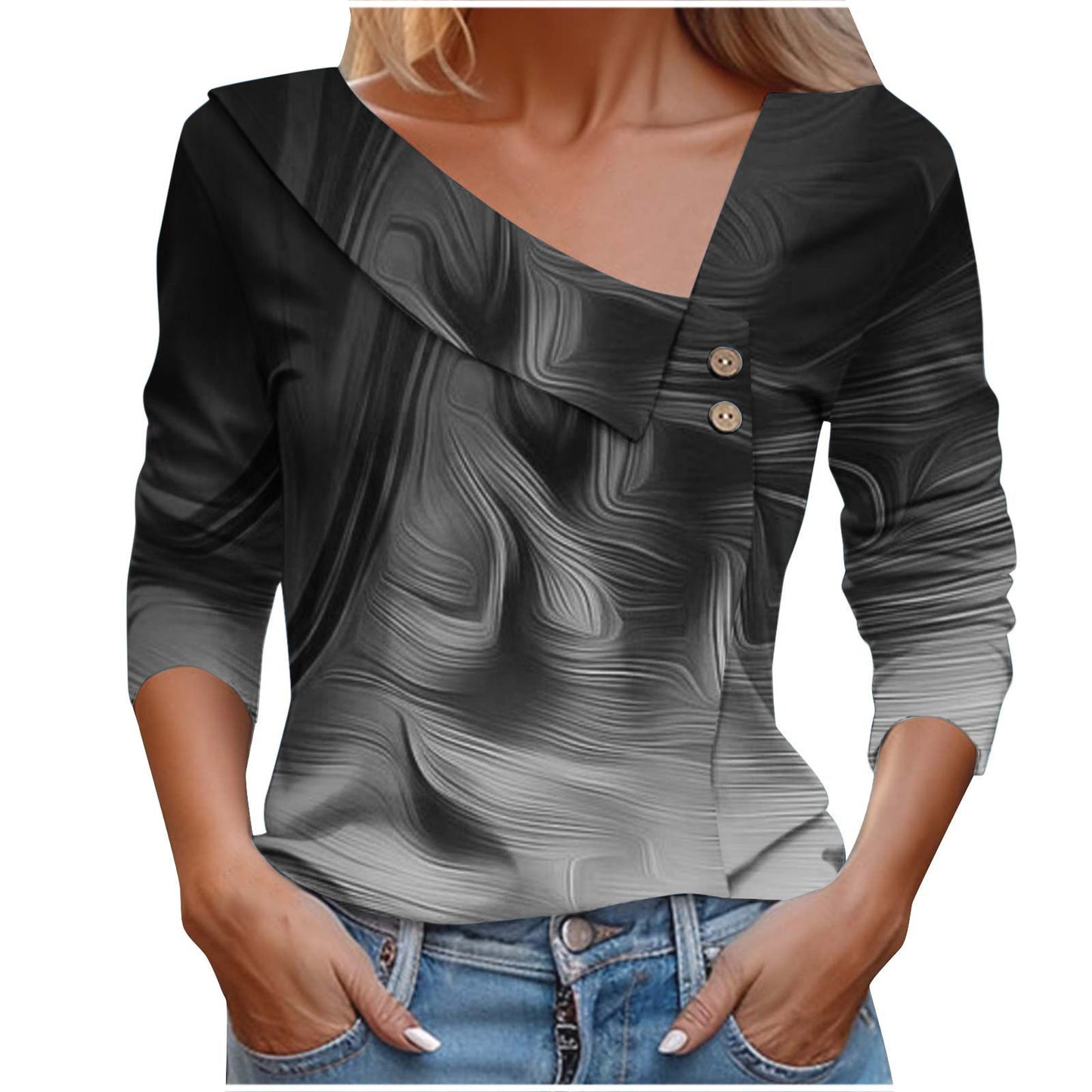 Colorful Printed V-Neck Long Sleeve T-Shirt for Women - # GIAA23510053