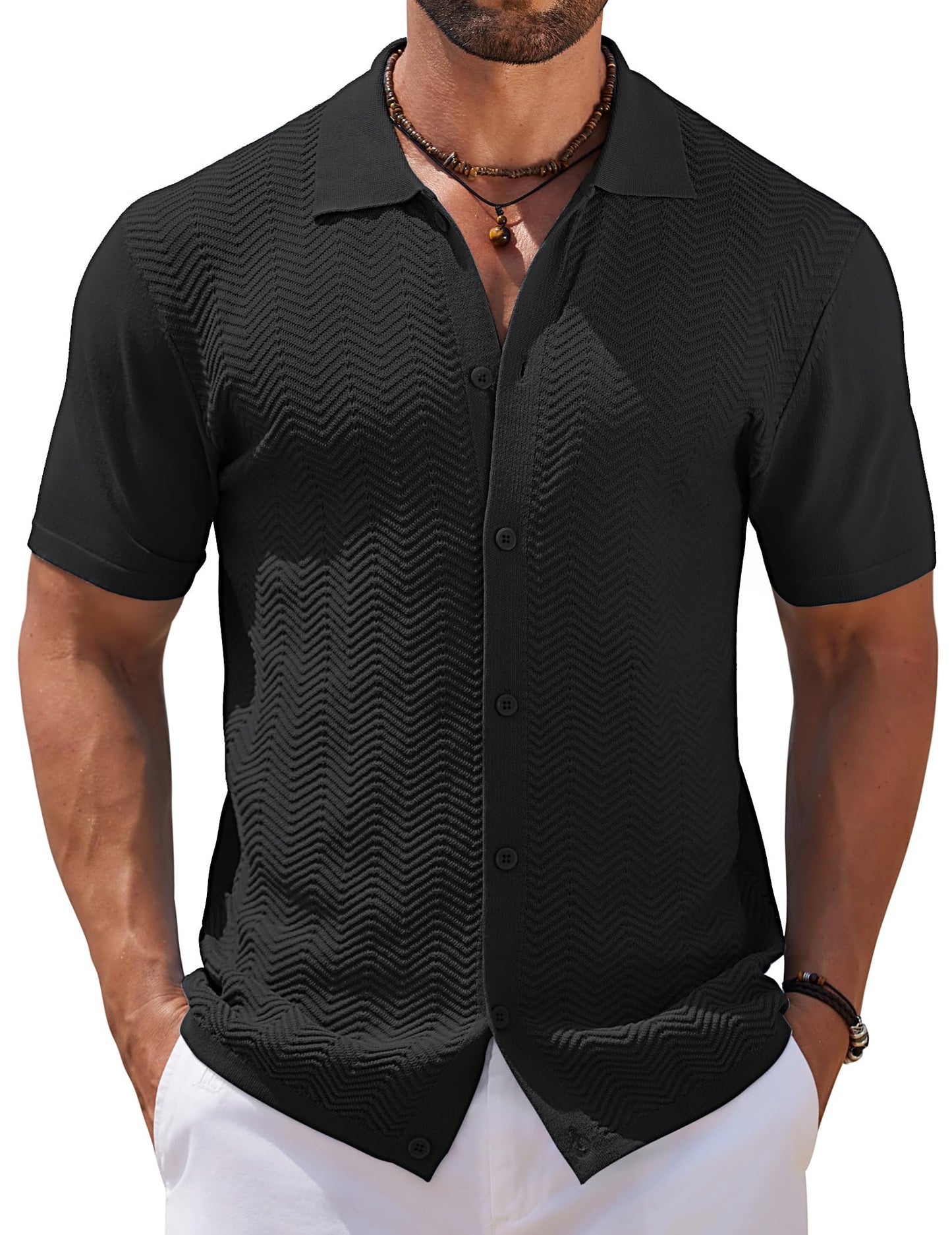 COOFANDY Men's Short Sleeve Knit Polo Shirt | Black - # BOAA13510050