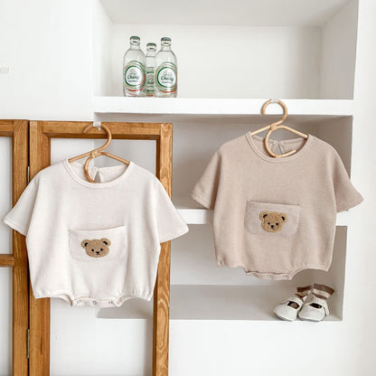Cute Bear Embroidery Baby Romper | With Front Pocket - # BAAA21110057