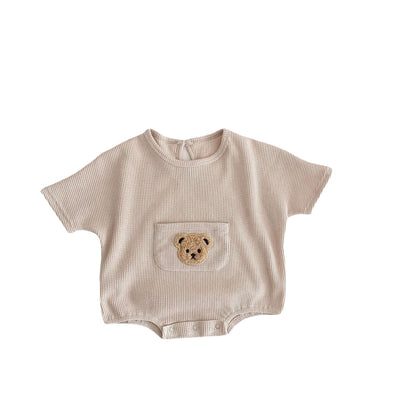 Cute Bear Embroidery Baby Romper | With Front Pocket - # BAAA21110057