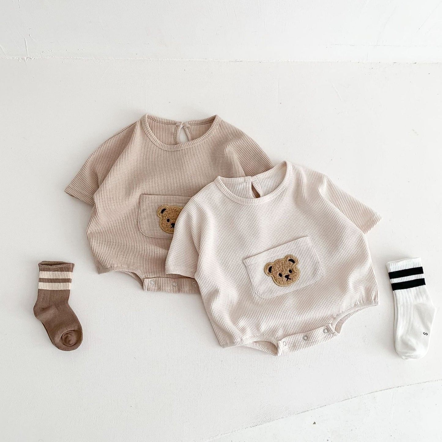 Cute Bear Embroidery Baby Romper | With Front Pocket - # BAAA21110057