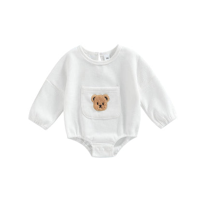 Cute Bear Embroidery Baby Romper | With Front Pocket - # BAAA21110057