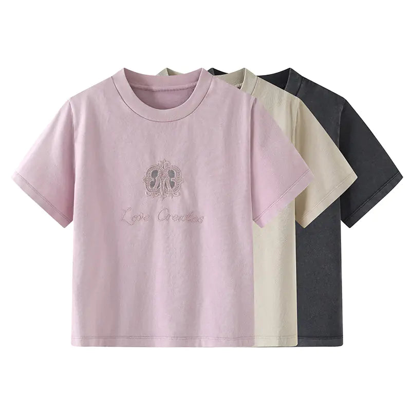Cute Girl Printed Short Sleeve T-Shirt with Lace Collar - # GIAA23510018