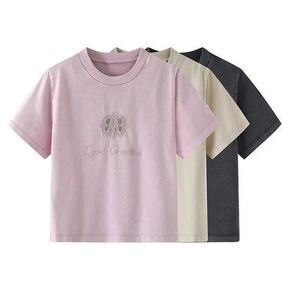 Cute Girl Printed Short Sleeve T-Shirt with Lace Collar - # GIAA23510018