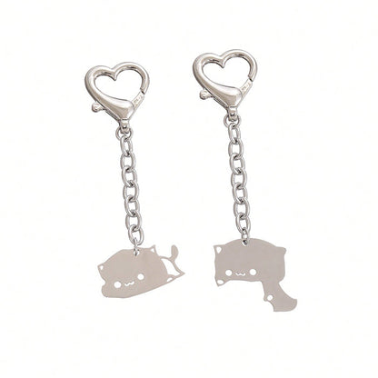 2Pcs Cute Dudu Bubu Hug Cat Couple Keychain Set, Stainless Steel Double Cat Charms, Round Key Ring & Heart Lobster Clasp, Sweet Matching Pair Gift For Lovers